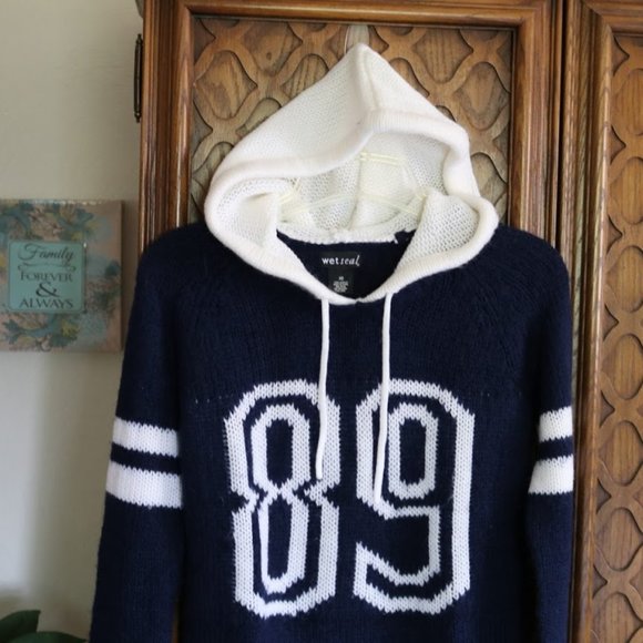Wet Seal ‘89’ Knit Varsity Hoodie Pullover Sweater - Picture 5 of 15